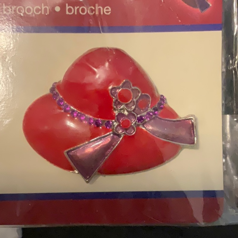 ⚫️VTG NWT Hirschberg Schultz & Company Vintage Red Hat W/ Purple Bow Brooch/Pin